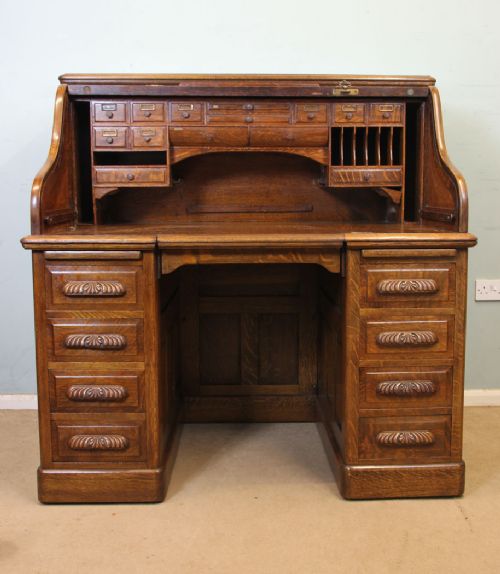 fig 1. Antique Large Oak Roll Top Pedestal Writing Desk