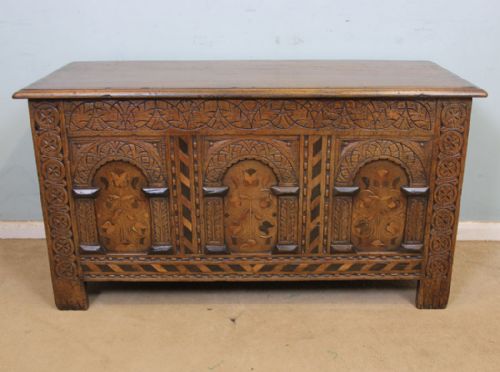 Antique Oak Inlaid Blanket Chest Coffer