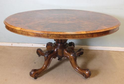 Antique Victorian Burr Walnut Oval Loo Dining Table