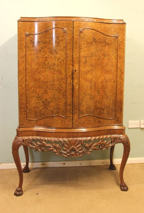 Antique Queen Anne Style Burr Walnut Cocktail Drinks Cabinet