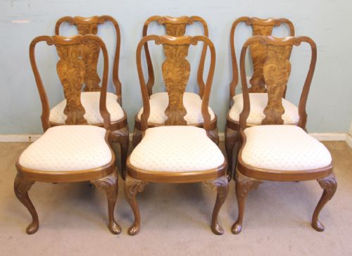 Queen Anne Style Set of Six Burr Walnut Dining Chairs