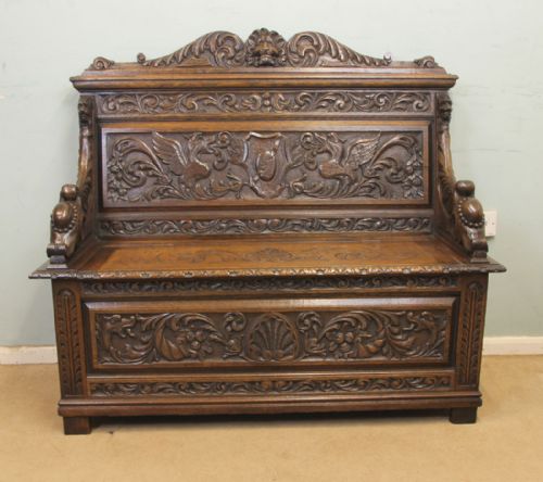 Antique Carved Oak Victorian Bench Settle