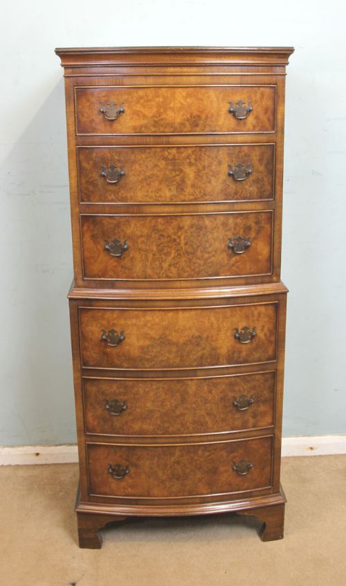 Burr Walnut Bow Front Chest on Chest of Drawers