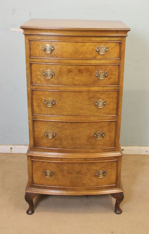 Bow Front Burr Walnut Chest of Drawers
