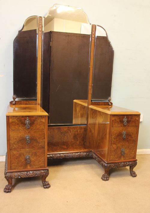 Superb Antique Burr Walnut Triple Mirror Dressing Table