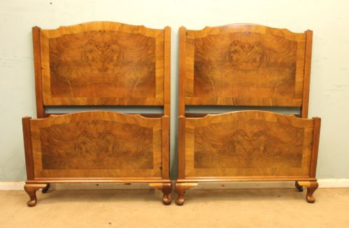Pair Antique Figured Walnut Single Beds