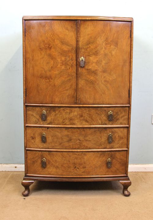 Figured Walnut Bow Fronted Tallboy Cupboard