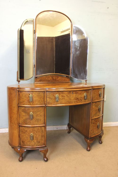 Burr Walnut Triple Mirror Shaped Dressing Table