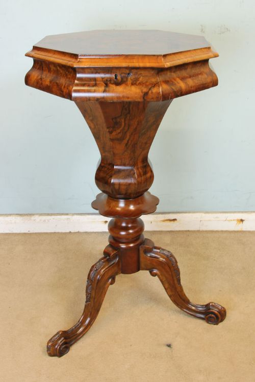 Antique Victorian Burr Walnut Trumpet Sewing Table Work Box