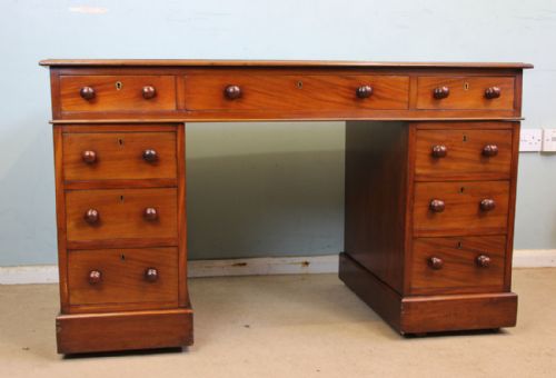 Antique Victorian Mahogany Pedestal Kneehole Writing Desk