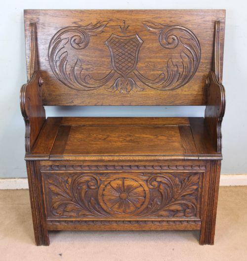 Antique Oak Monks Bench Hall Seat.