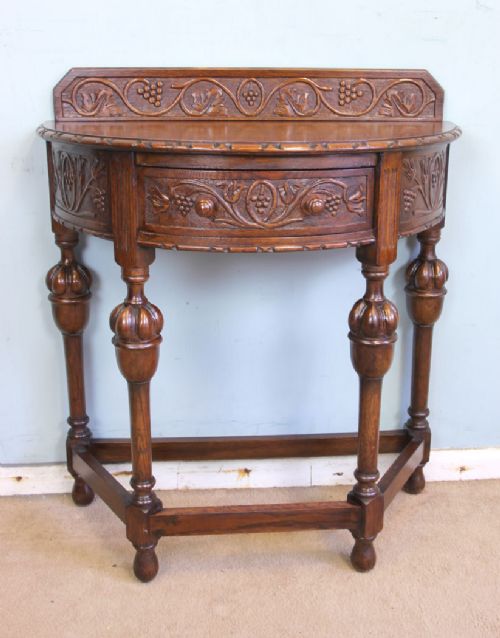 Antique Jacobean Style Carved Oak Demi Lune Side Table