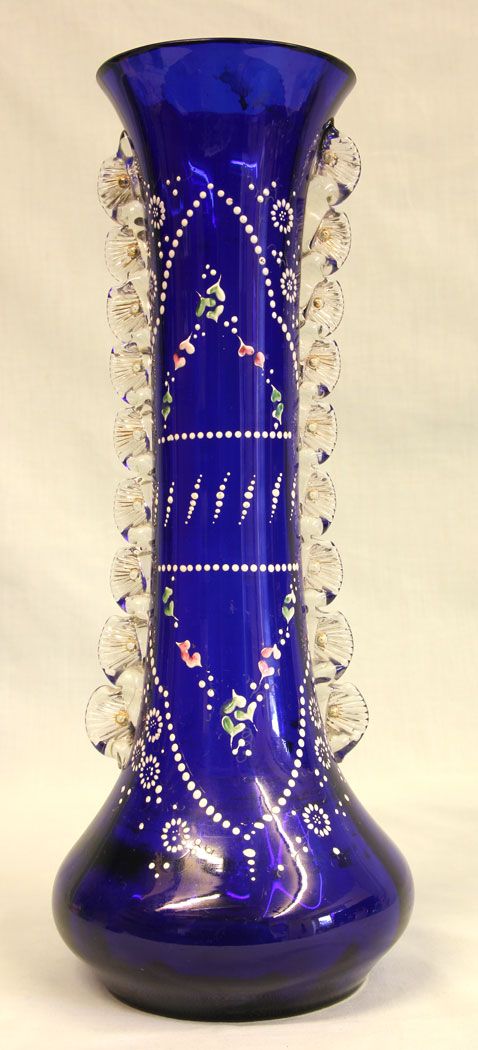 Antique Impressive Bristol Blue Glass Decorated Vase