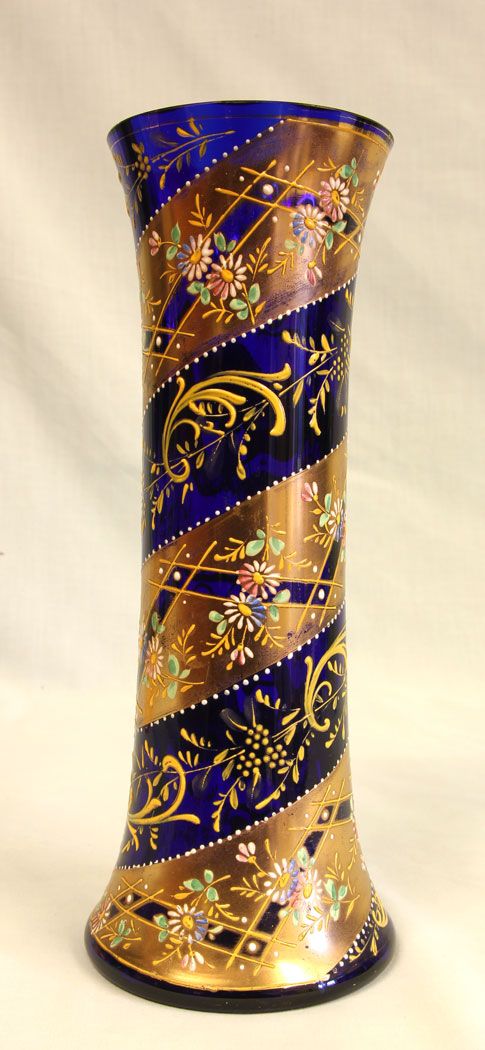 Antique Bristol Blue Glass Decorated Vase