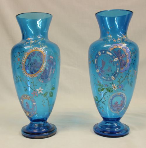 Pair of Antique Pale Blue Glass Decorated Vases.