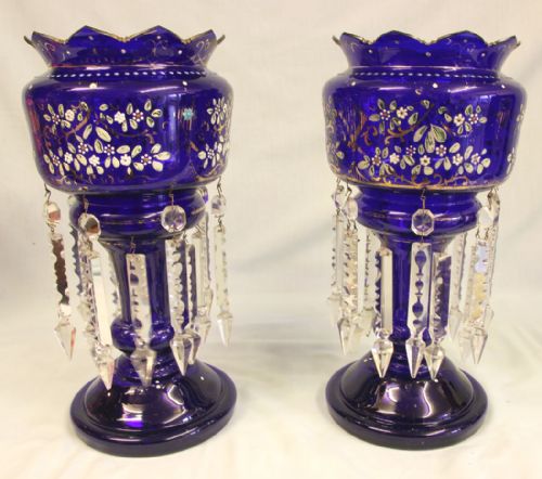 Pair Antique Bristol Blue Table Mantle Lustres