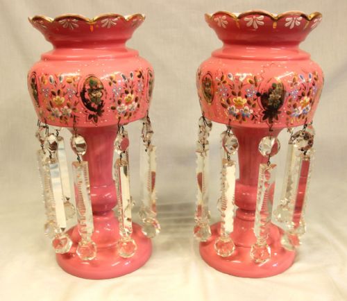 Pair Antique Victorian Pink Table Mantle Lustres