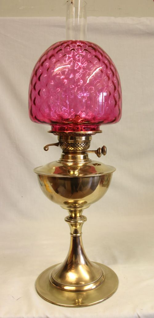 Antique Brass Oil Lamp with Cranberry Shade