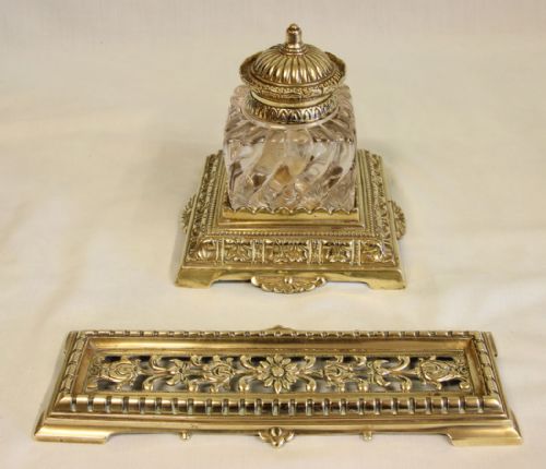 Antique Brass Inkwell & Pen Tray