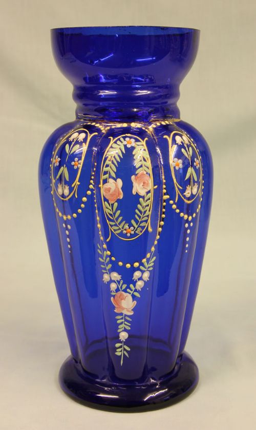 Antique Bristol Blue Glass Decorated Vase
