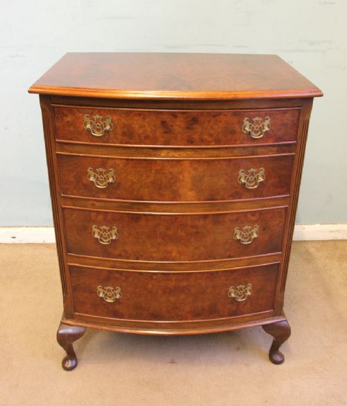 Small Burr Walnut Bow Front Chest Drawers