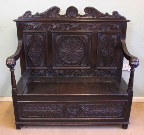 Antique Carved Oak Settle Bench Hall Seat