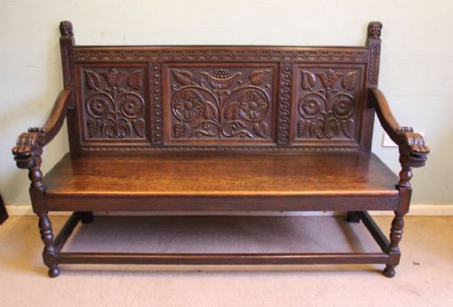 Antique Victorian Carved Oak Settle Hall Bench
