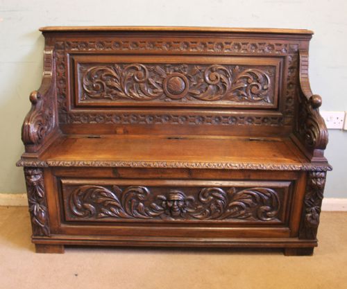 Antique Victorian Carved Oak Settle Bench Hall Seat
