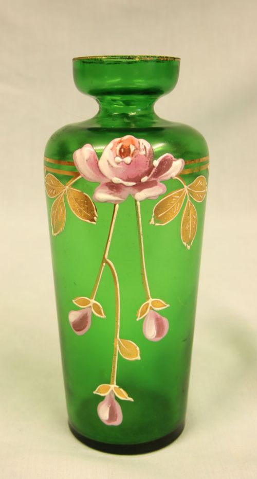 Antique Green Glass Decorated Vase