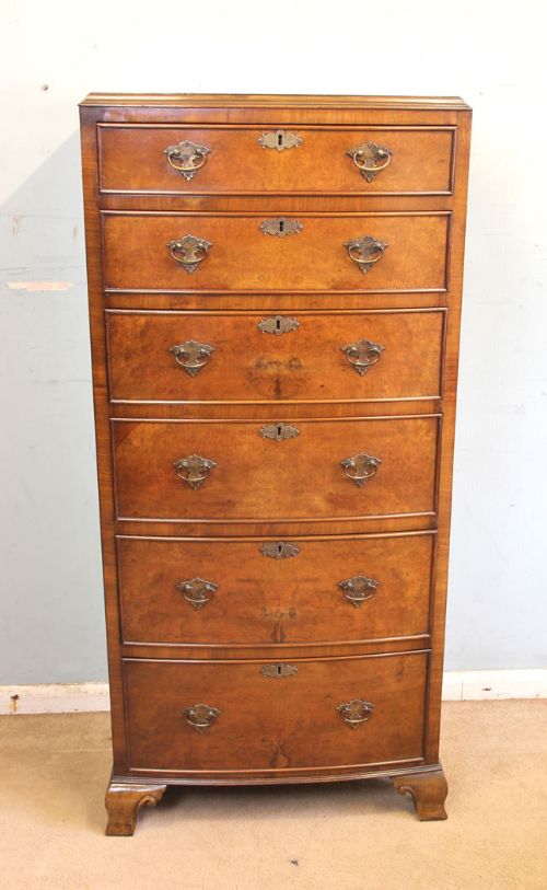 Antique Burr Walnut Bow Fronted Chest of Drawers