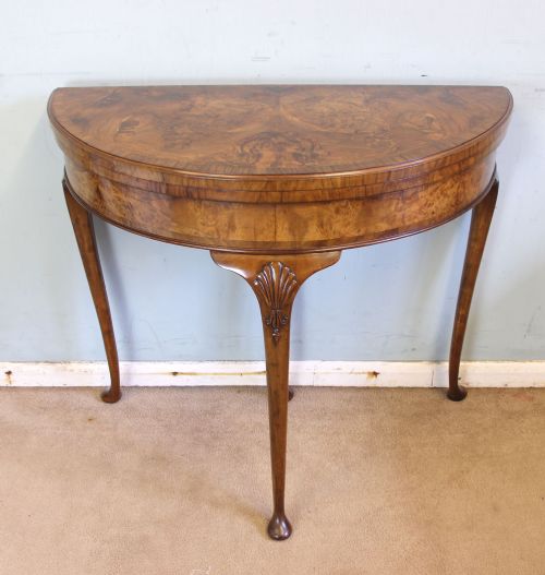 Antique Burr Walnut Demi Lune Side Card Table