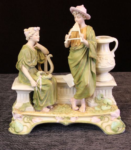 Antique Royal Dux Centre Piece of Young Girl and Boy Playing Pipes