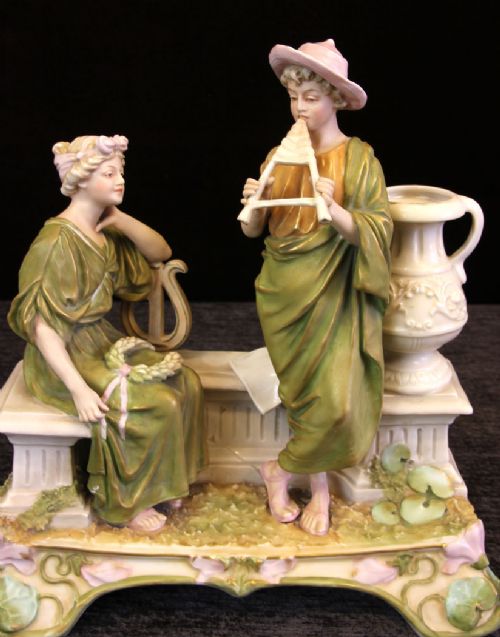 fig 1. Antique Royal Dux Centre Piece of Young Girl and Boy Playing Pipes