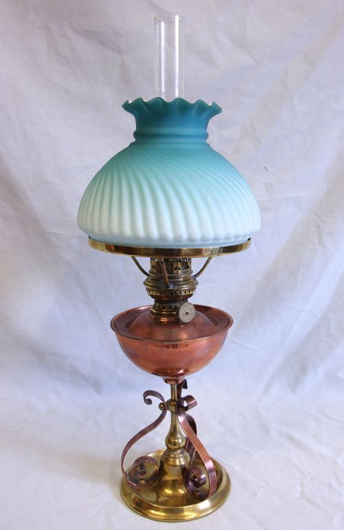 Antique Miniature Table Oil Lamp & Shade