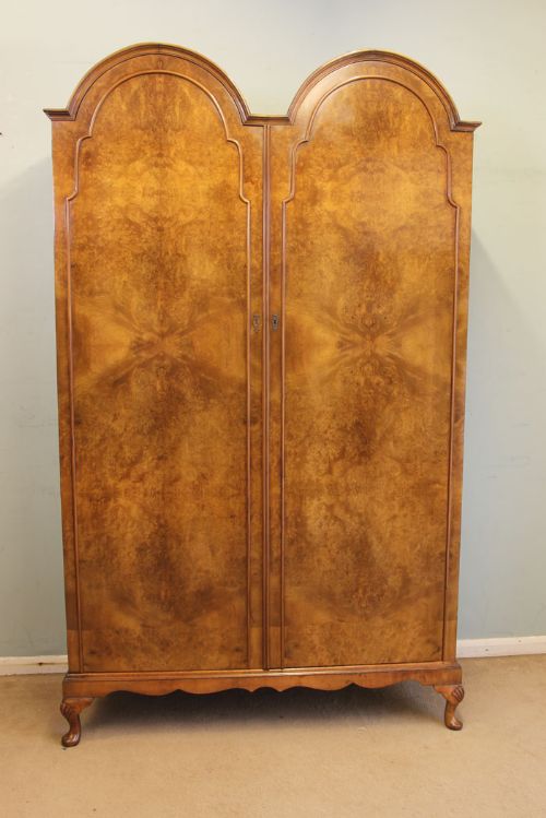 Burr Walnut Dome Top Double Hanging Wardrobe.