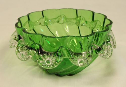 Antique Victorian Green Glass Frilled Bowl.