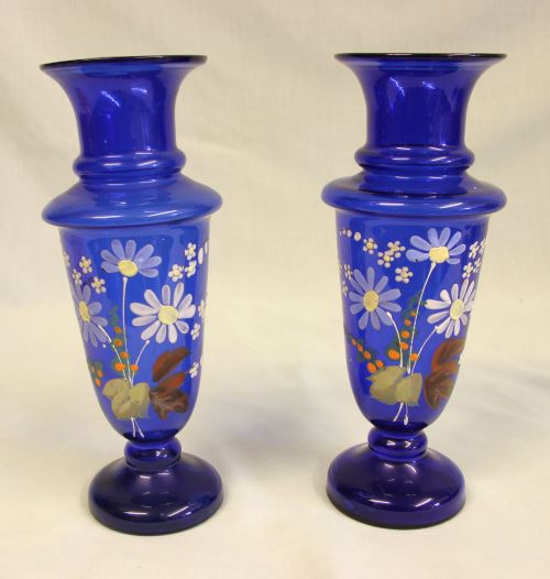 Antique Pair Bristol Blue Glass Shaped Decorated Vases