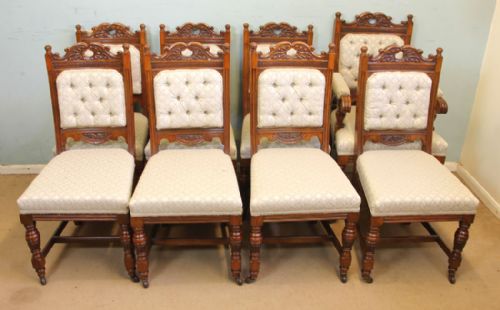 Antique Victorian Set Eight Oak Dining Chairs