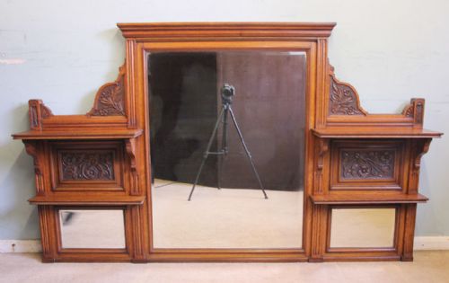 Antique Large Victorian Oak Overmantle Wall Mirror.