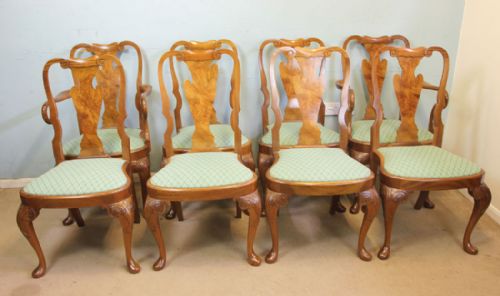 Set of Eight Queen Anne Style Walnut Dining Chairs