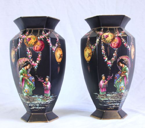 Antique Pair of Painted Falcon Ware Vases with Chinese Painted Decoration