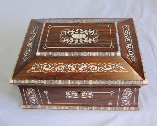 ANTIQUE VICTORIAN ROSEWOOD INLAID SARCOPHAGUS SHAPED SEWING BOX - ADDITIONAL PHOTO 2