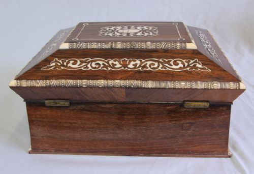 ANTIQUE VICTORIAN ROSEWOOD INLAID SARCOPHAGUS SHAPED SEWING BOX - ADDITIONAL PHOTO 4
