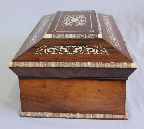 ANTIQUE VICTORIAN ROSEWOOD INLAID SARCOPHAGUS SHAPED SEWING BOX - ADDITIONAL PHOTO 5