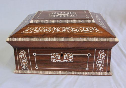 ANTIQUE VICTORIAN ROSEWOOD INLAID SARCOPHAGUS SHAPED SEWING BOX - ADDITIONAL PHOTO 6