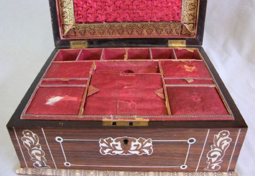 ANTIQUE VICTORIAN ROSEWOOD INLAID SARCOPHAGUS SHAPED SEWING BOX - ADDITIONAL PHOTO 11