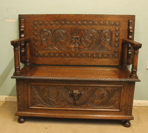 Antique Carved Oak Monks Bench Hall Seat Settle