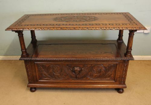 fig 1. Antique Carved Oak Monks Bench Hall Seat Settle