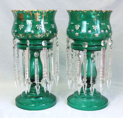Pair Victorian Green Table Mantle Lustres