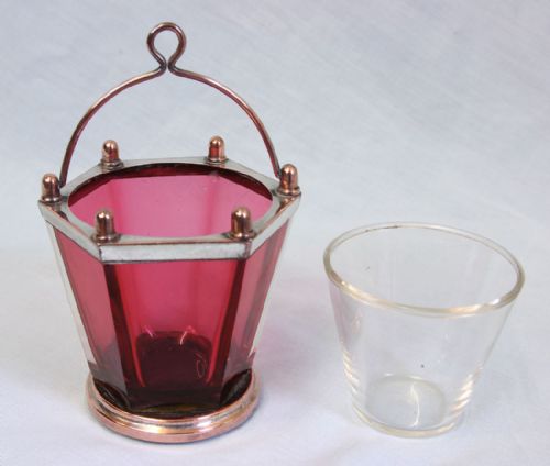 AN UNUSUAL SILVER PLATED CRANBERRY GLASS DRIP BUCKET - ADDITIONAL PHOTO 2